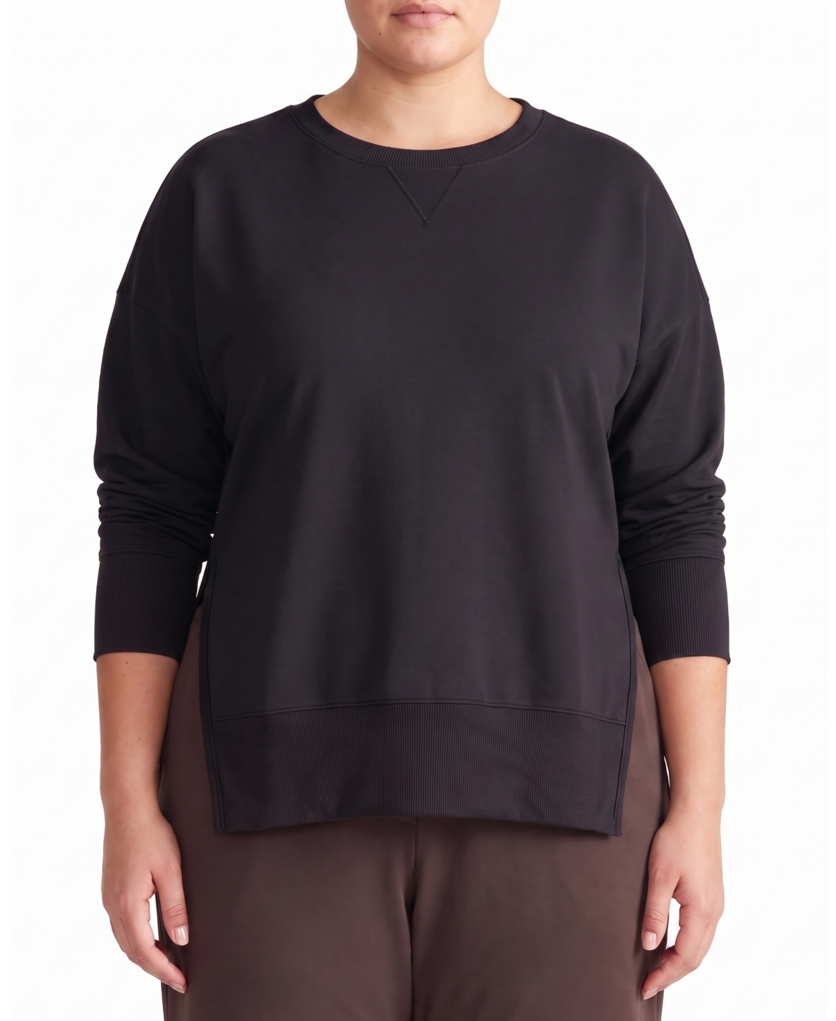 Universal Standard Plus Size Fiona French-Terry Crewneck Side-Slit Sweatshirt - Black