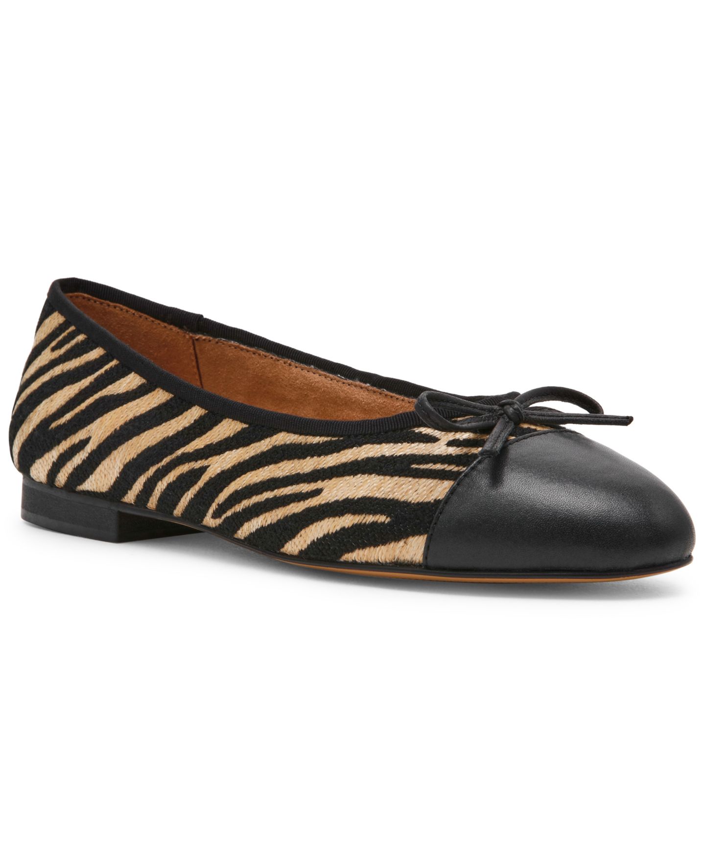 Женские балетки Steve Madden Kit Cap-Toe Leather Ballet Flats, цвет: Чёрный / Рыжевато-коричневый зебра — фото 1