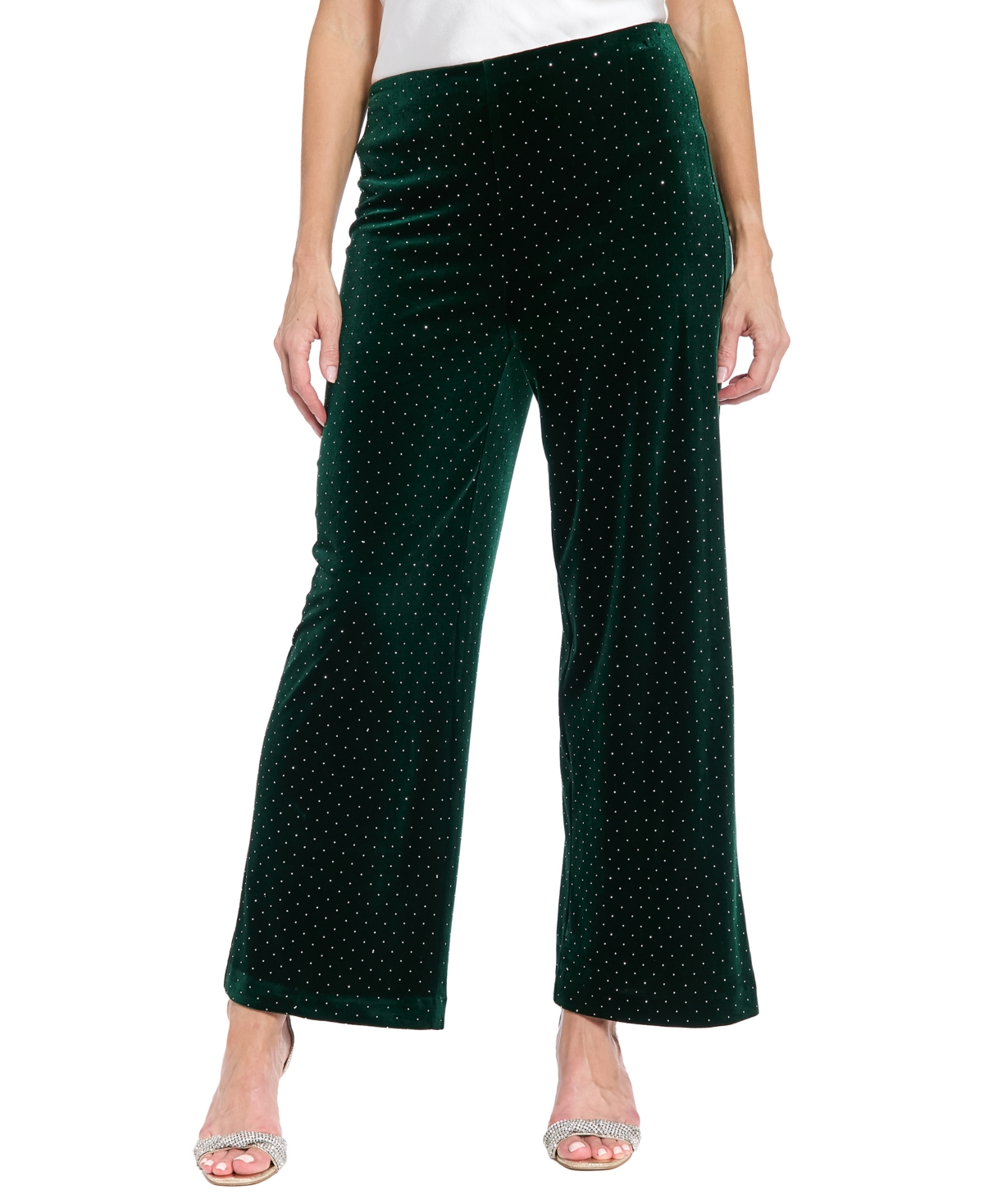 Muse Women's Clean Waistline Velvet Wide-leg Stud-embellished Pants In Hunter,silver