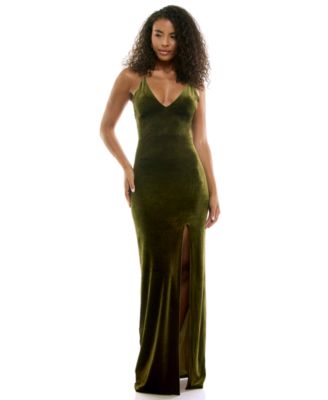 Juniors' Velvet Maxi Front-Slit Dress
