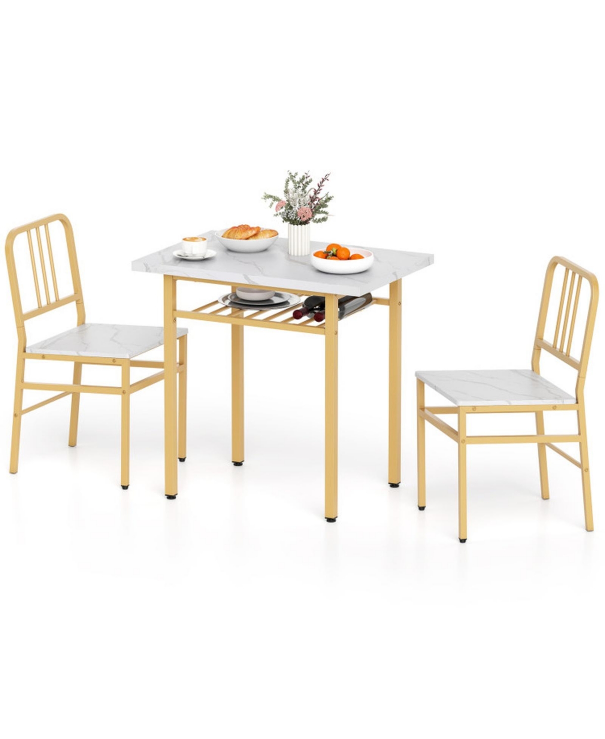 Sugift 3-Piece Dining Table Set with Rectangular Kitchen Table Storage Shelf and 2 Chairs - White