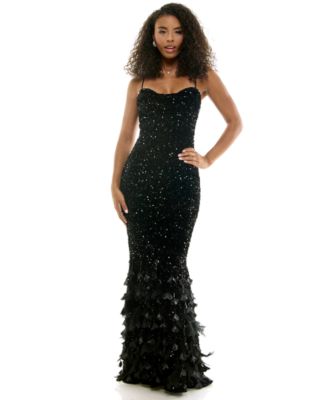 Juniors' Sequin Velvet Feather Gown