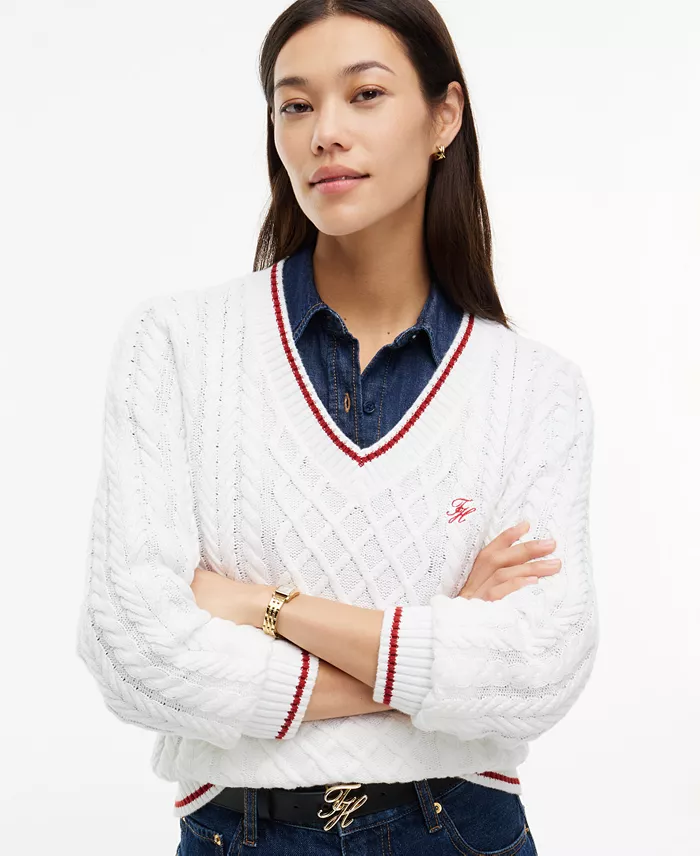 Women's Cable-Knit V-Neck Sweater - thumbnail 6