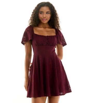Juniors' City Vibe Square Neck Lace Fit & Flare Dress