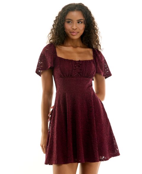 Женское платье City Studios Juniors' Square Neck Lace Bow Detail Fit & Flare, цвет: Винный