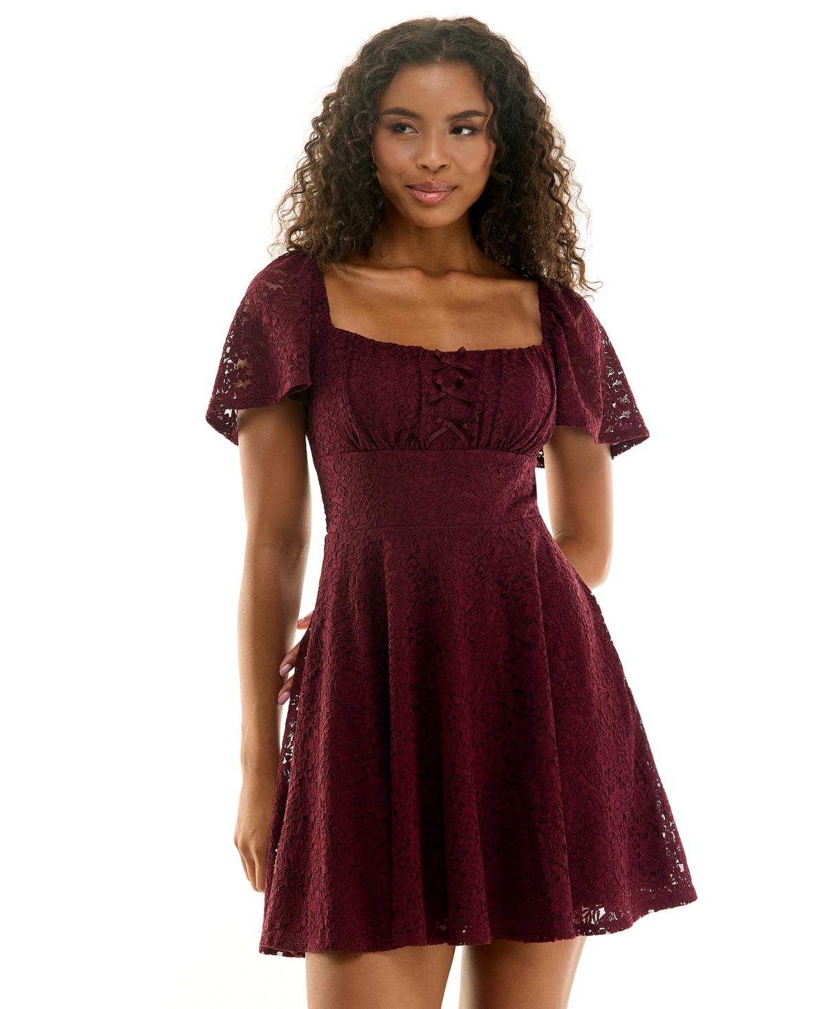 City Studios Juniors' City Vibe Square Neck Lace Fit & Flare Dress - Wine