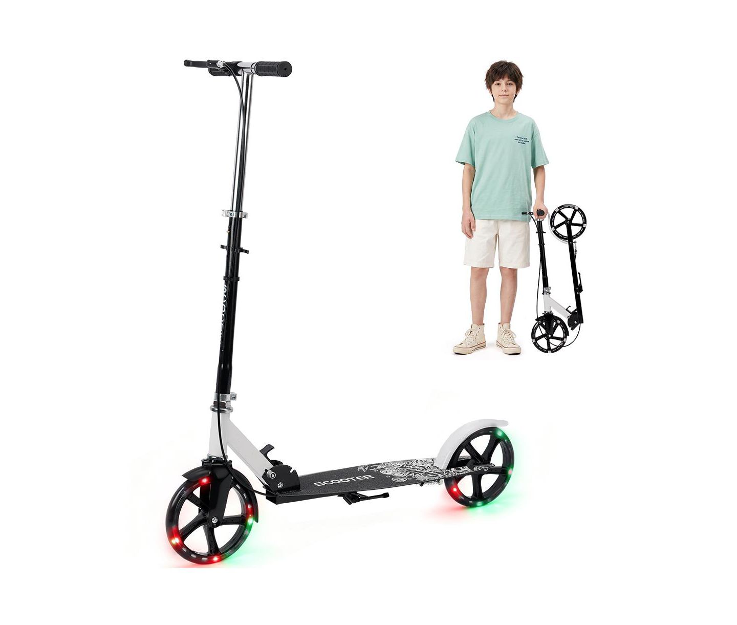 Детская игрушка Bruce & Shark Foldable Kick Scooter with 8" Light-Up Wheels and Dual Brakes, 330 lb Capacity, Ages 3+, цвет: Чёрный — фото 1