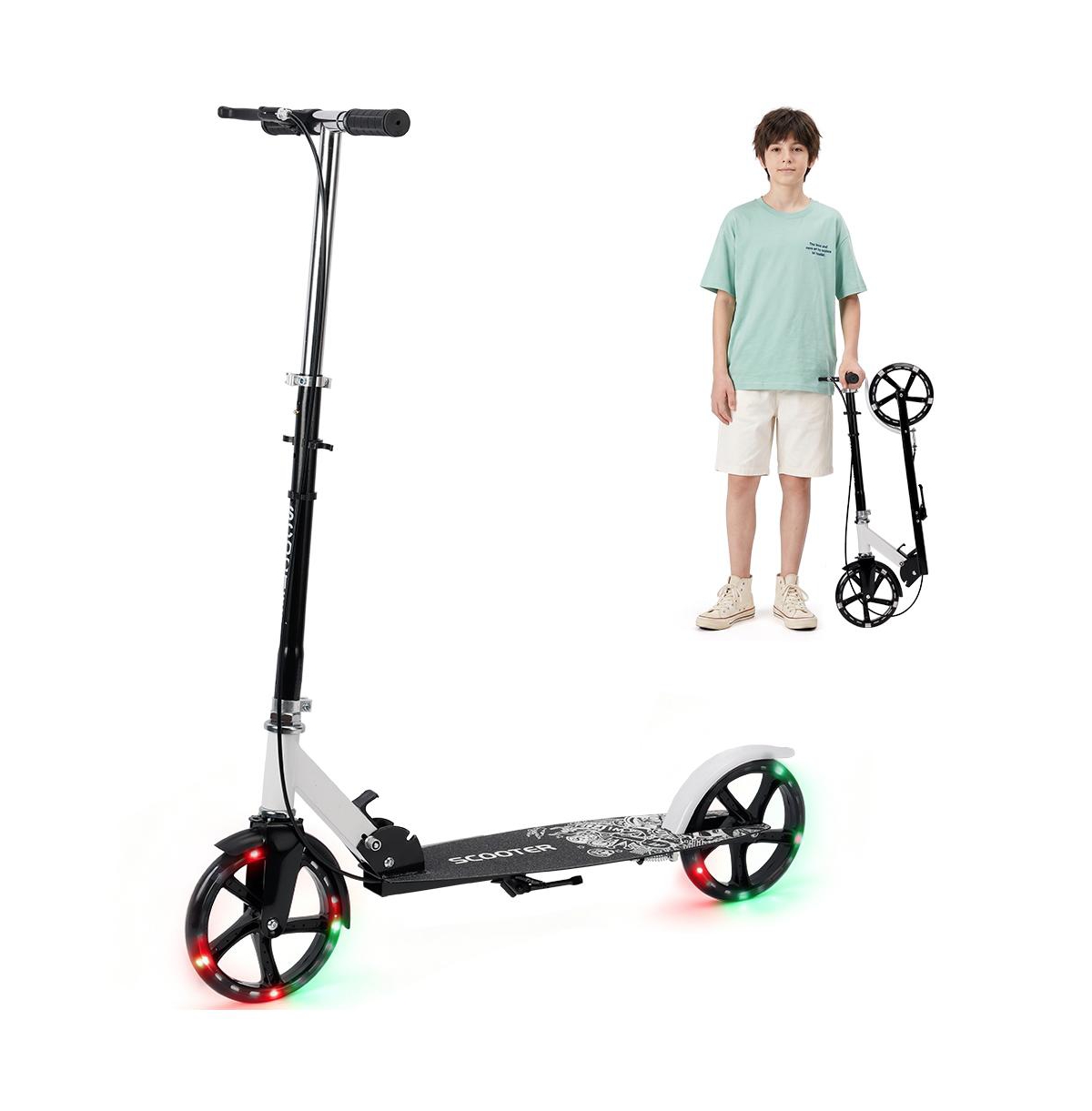 Bruce & Shark Foldable Kick Scooter with 8" Light-Up Wheels and Dual Brakes, 330 lb Capacity, Ages 3+