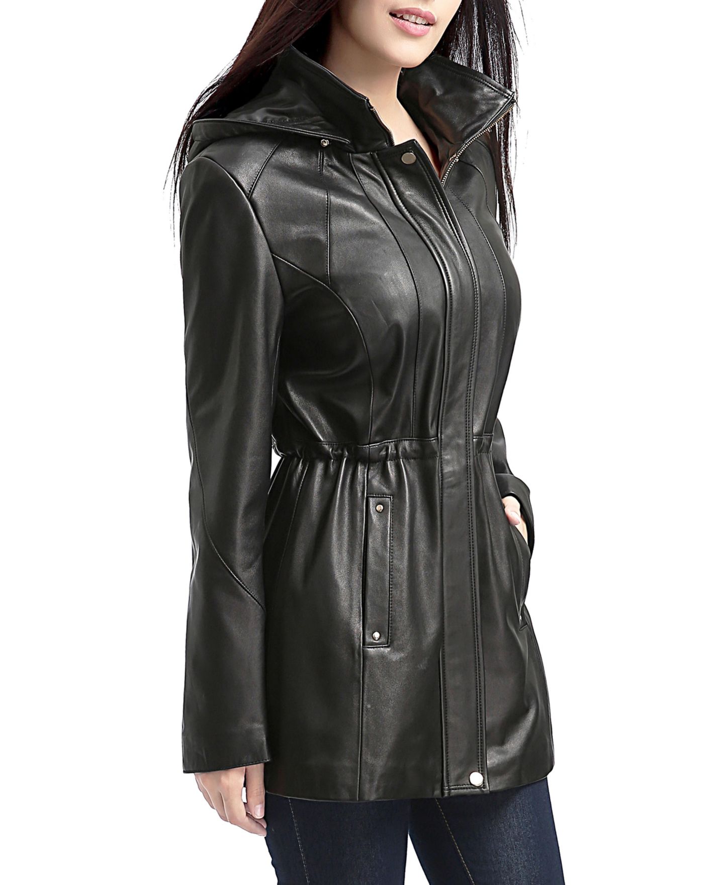 Женская куртка BGSD Natalie Hooded Drawstring-Waist Leather, цвет: Чёрный — фото 2