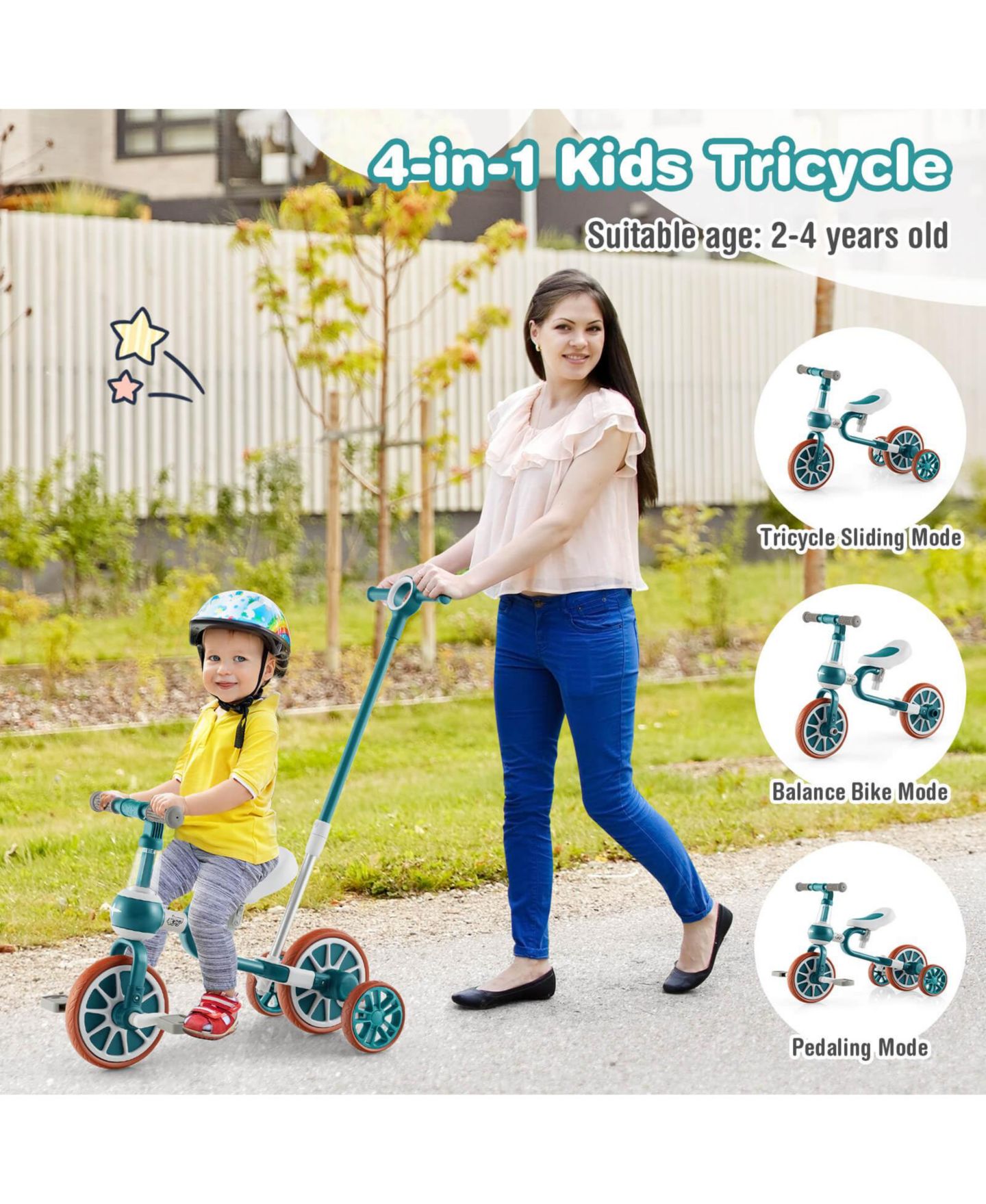 Детская игрушка Costway 4-in-1 Push Handle Training Wheels Kids Tricycle, 66 lbs. Capacity, 2–4 года, цвет: Зелёный — фото 6