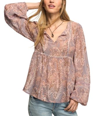 Women's Paisley Print Mix Long-Sleeve Peasant Top