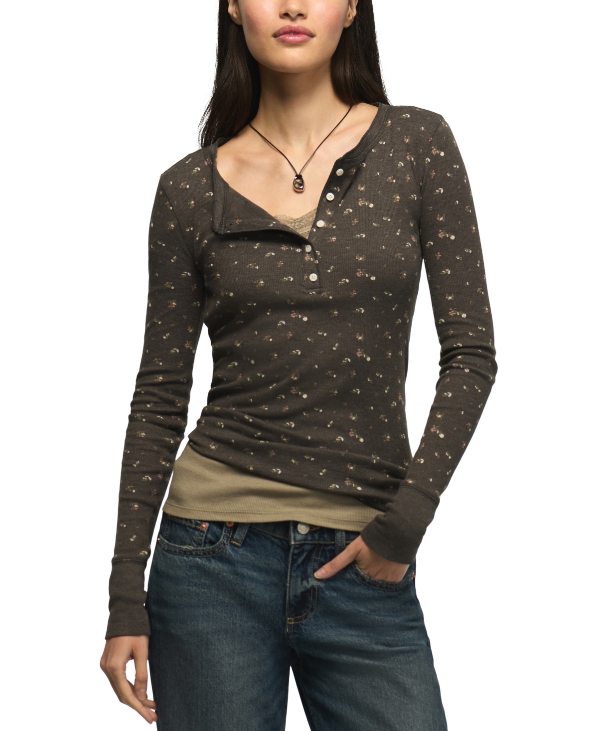 Lucky Brand Women's Long-Sleeve Ribbed Floral-Print Henley Top