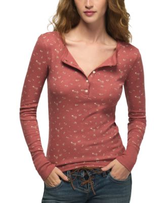 Women's Long-Sleeve Ribbed Floral-Print Henley Top