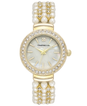 image of Charter Club Women-s Crystal Gold-Tone Imitation Pearl Bracelet Watch 28mm, Created for Macy-s