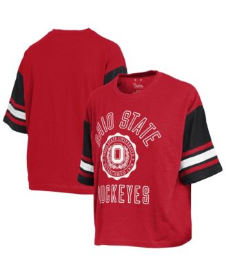 Women's Scarlet Ohio State Buckeyes Sunday Colorblock Seal T-Shirt