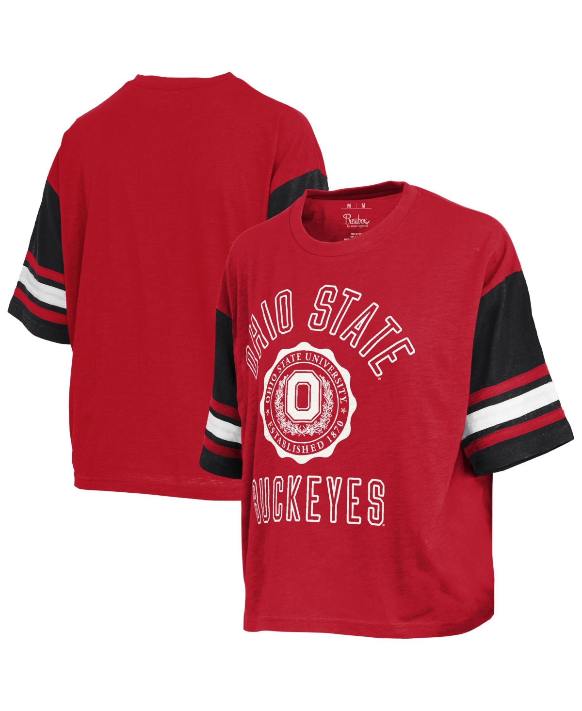Pressbox Women's Scarlet Ohio State Buckeyes Sunday Colo Block Seal T-Shirt