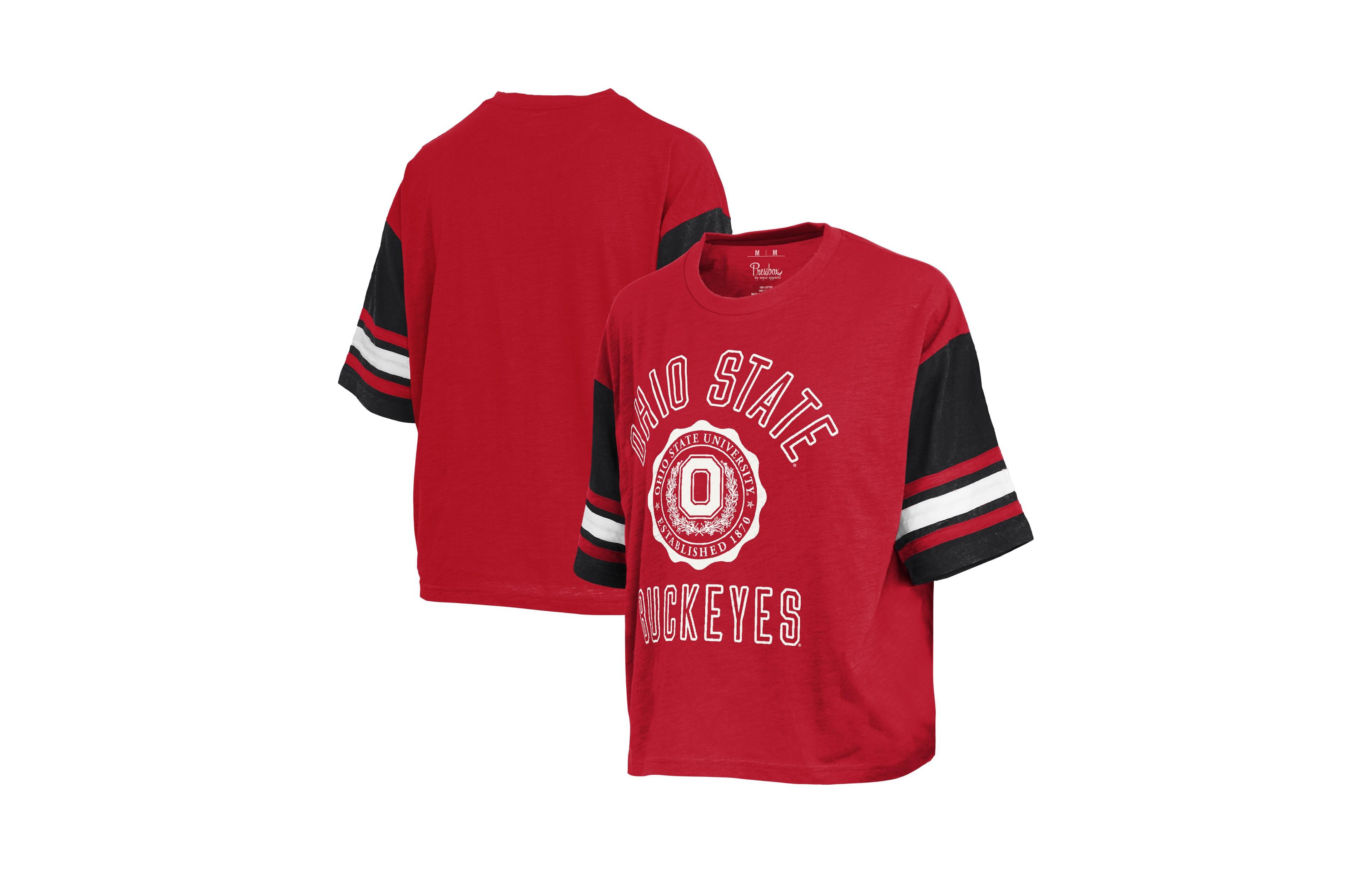 Pressbox Women's Scarlet Ohio State Buckeyes Sunday Colo Block Seal T-Shirt