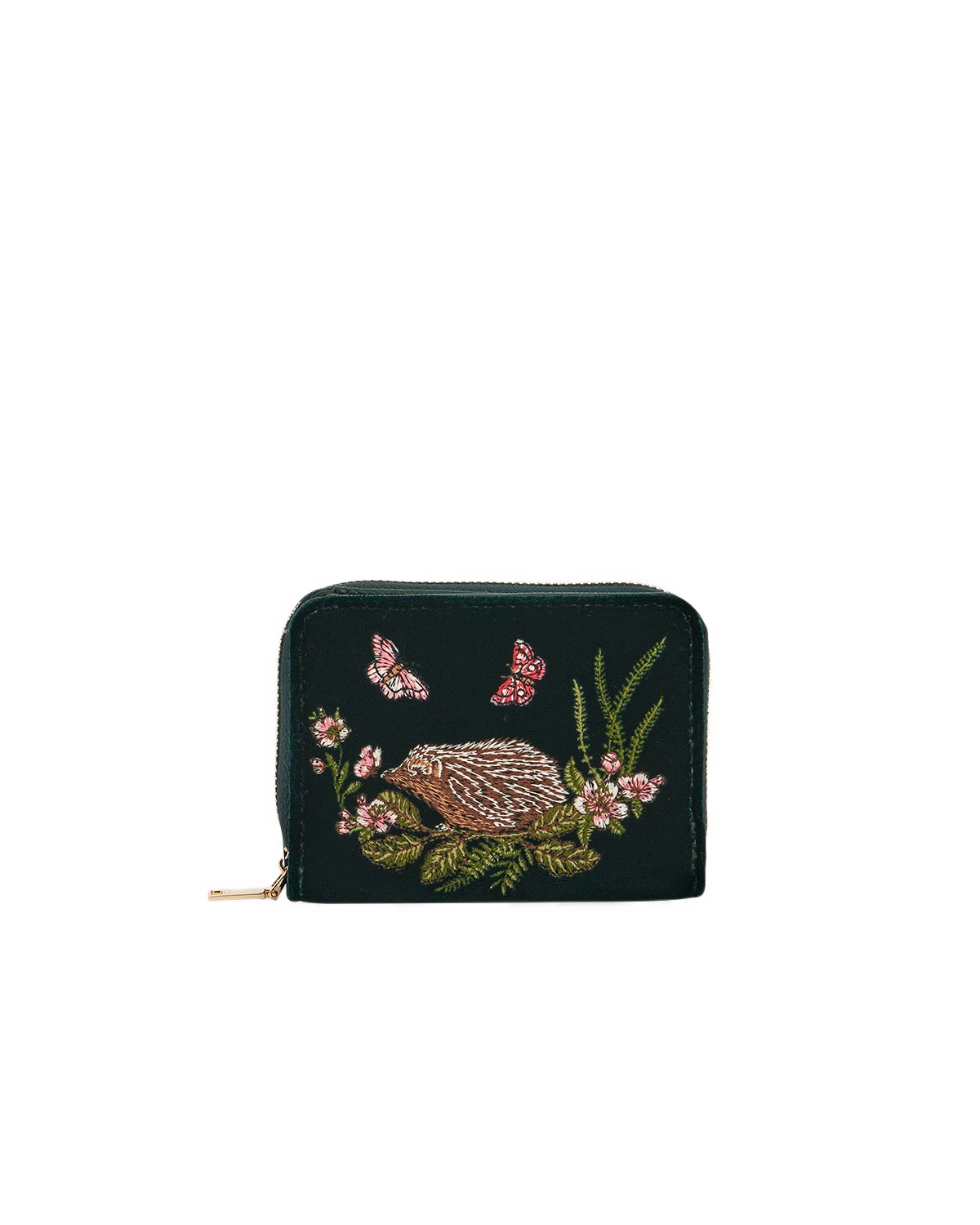 Fable England Hedgehog Embroidered Zip Around Small Wallet - Forest green