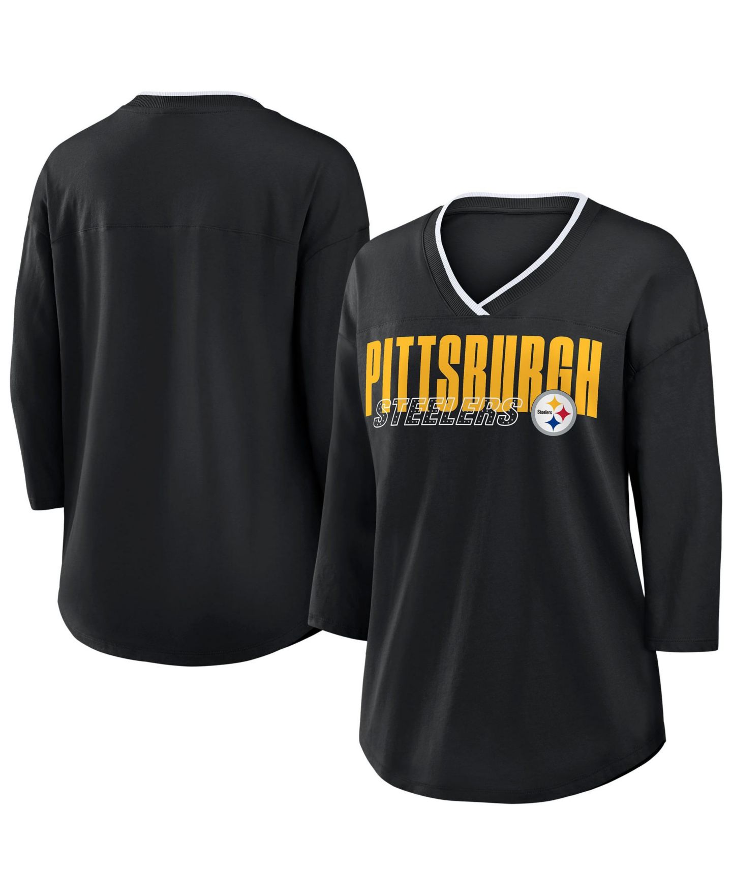 Женская футболка Fanatics Black Pittsburgh Steelers Plus Size Deceptive Juke 3/4-Sleeve V-Neck — фото 1