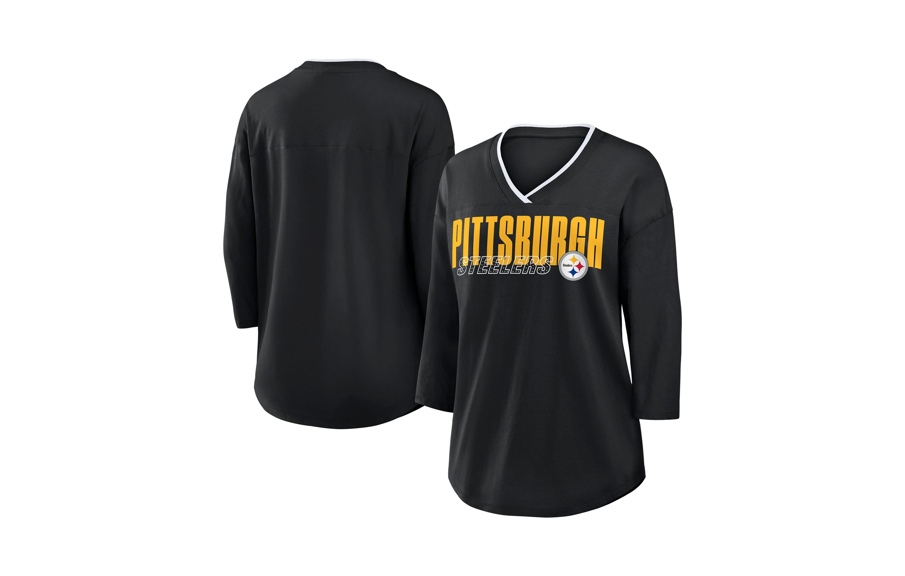 Fanatics Women's Black Pittsburgh Steelers Plus Deceptive Juke 3/4-Sleeve V-Neck T-Shirt