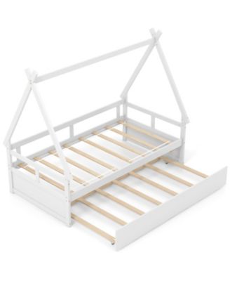 Twin Size House Bed with Trundle and Safety Guardrail