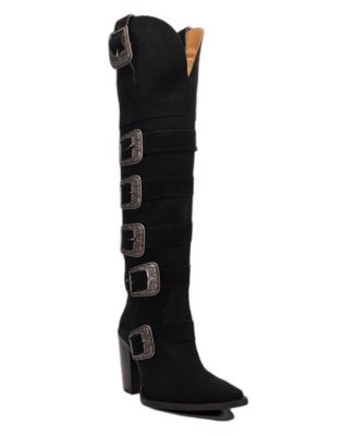 Women's Bucked Off Knee-High Pointed-Toe Multi-Buckle Boots