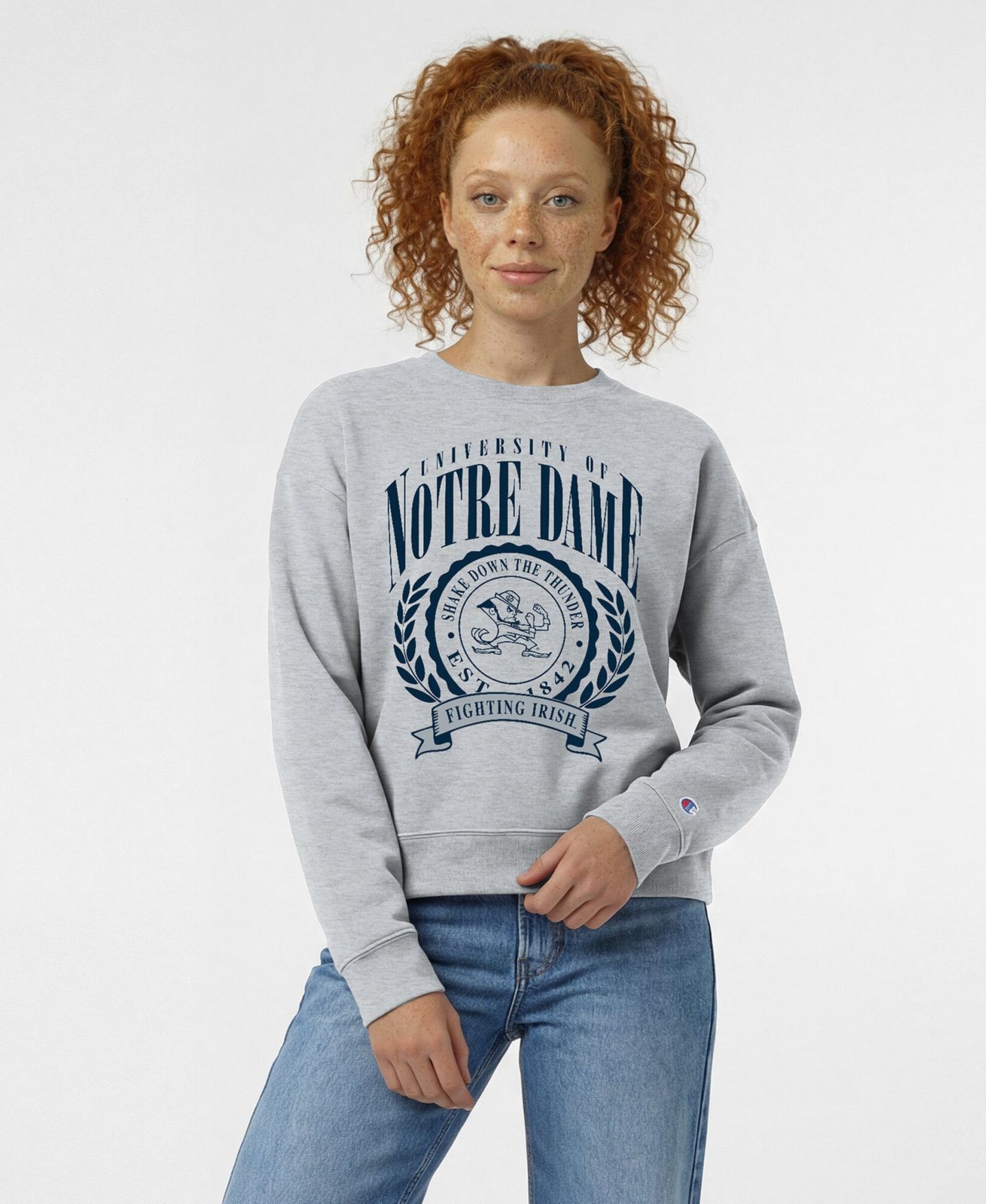Женская толстовка Champion Heather Gray Notre Dame Fighting Irish Academic Crest Powerblend Crewneck — фото 1