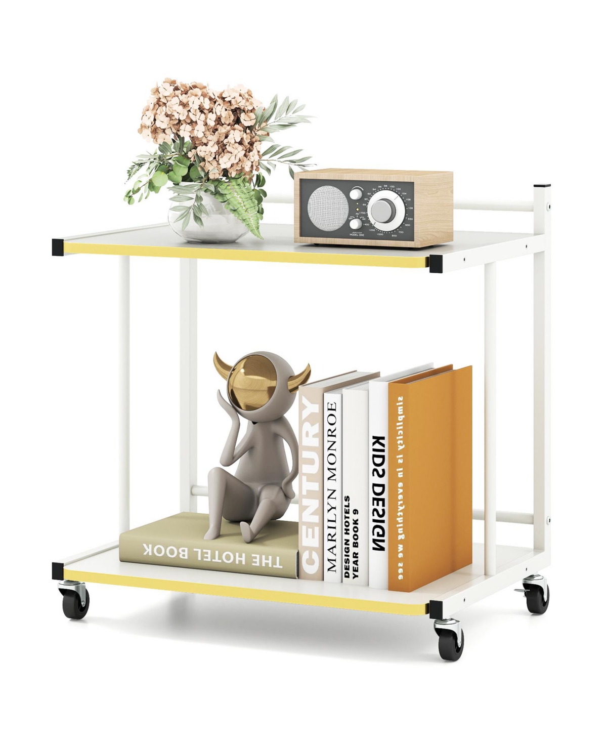 Mecale Mobile Side Table 2 Tier Rolling End Table with Open Shelves and Golden Trimmed Edges