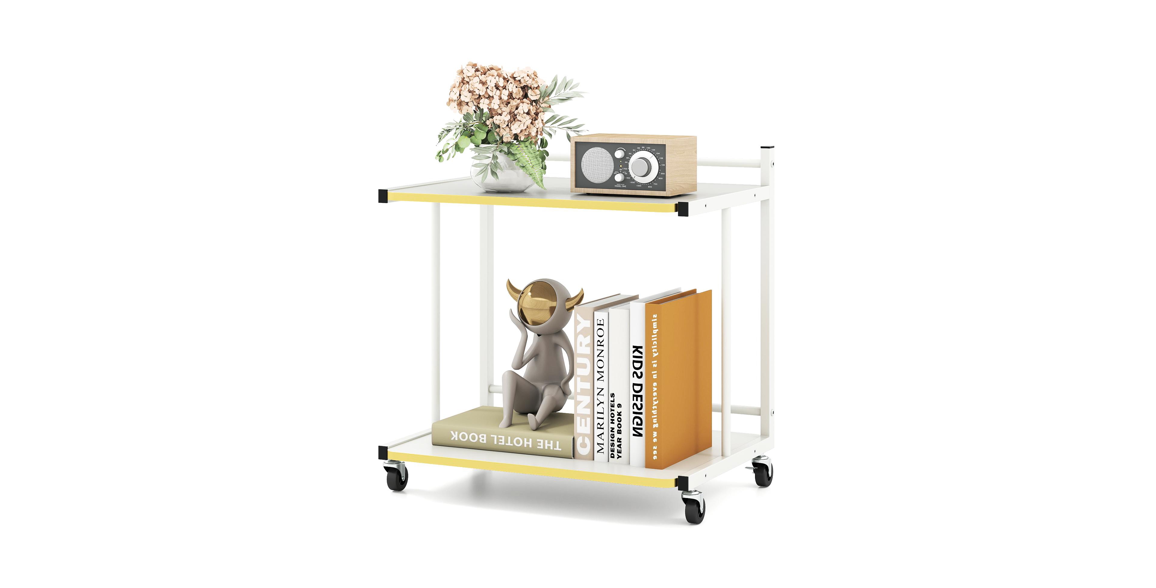 Mecale Mobile Side Table 2 Tier Rolling End Table with Open Shelves and Golden Trimmed Edges