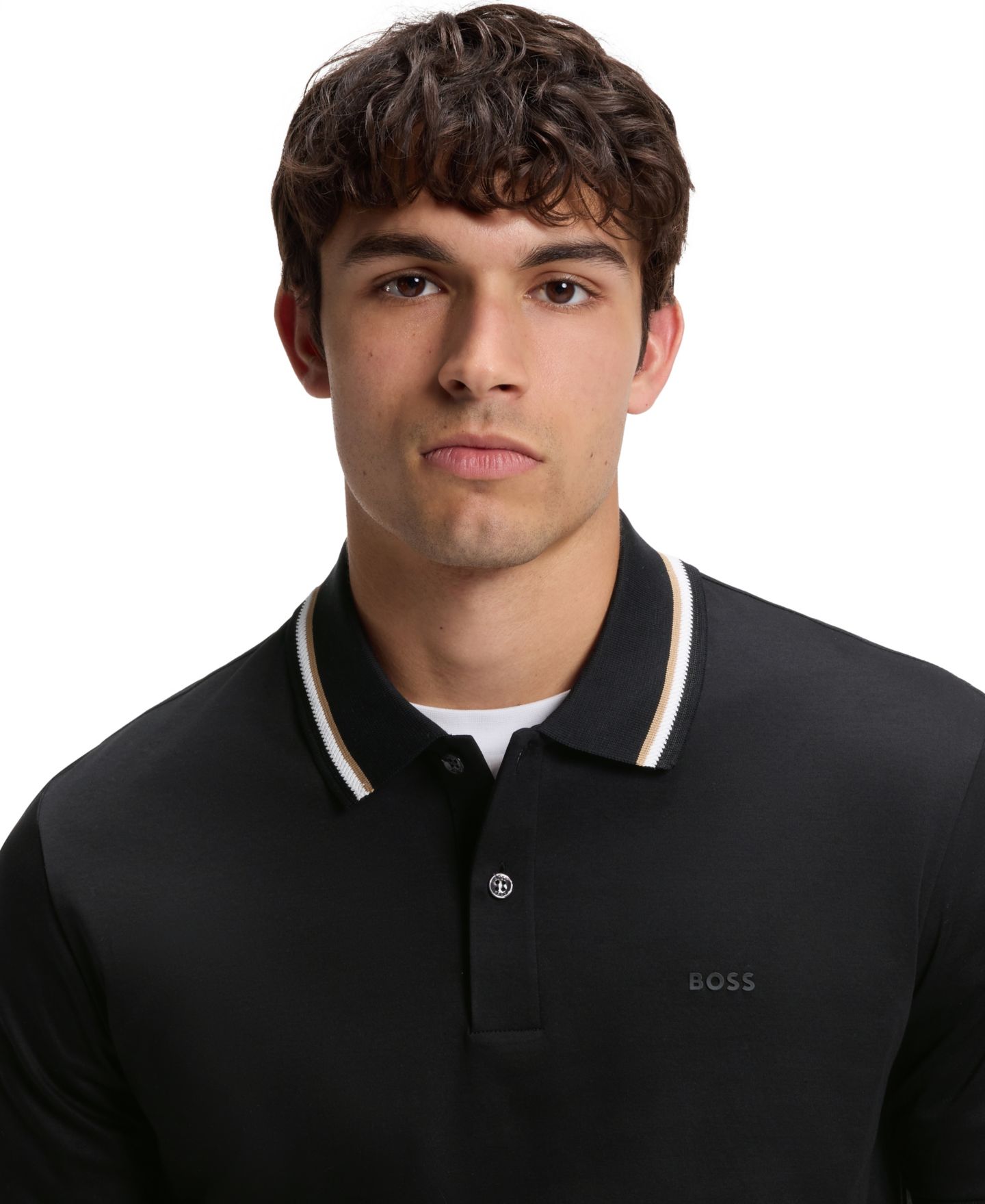 Мужское поло Hugo Boss Cotton Slim-Fit Striped Collar Polo Shirt, цвет: Чёрный — фото 6