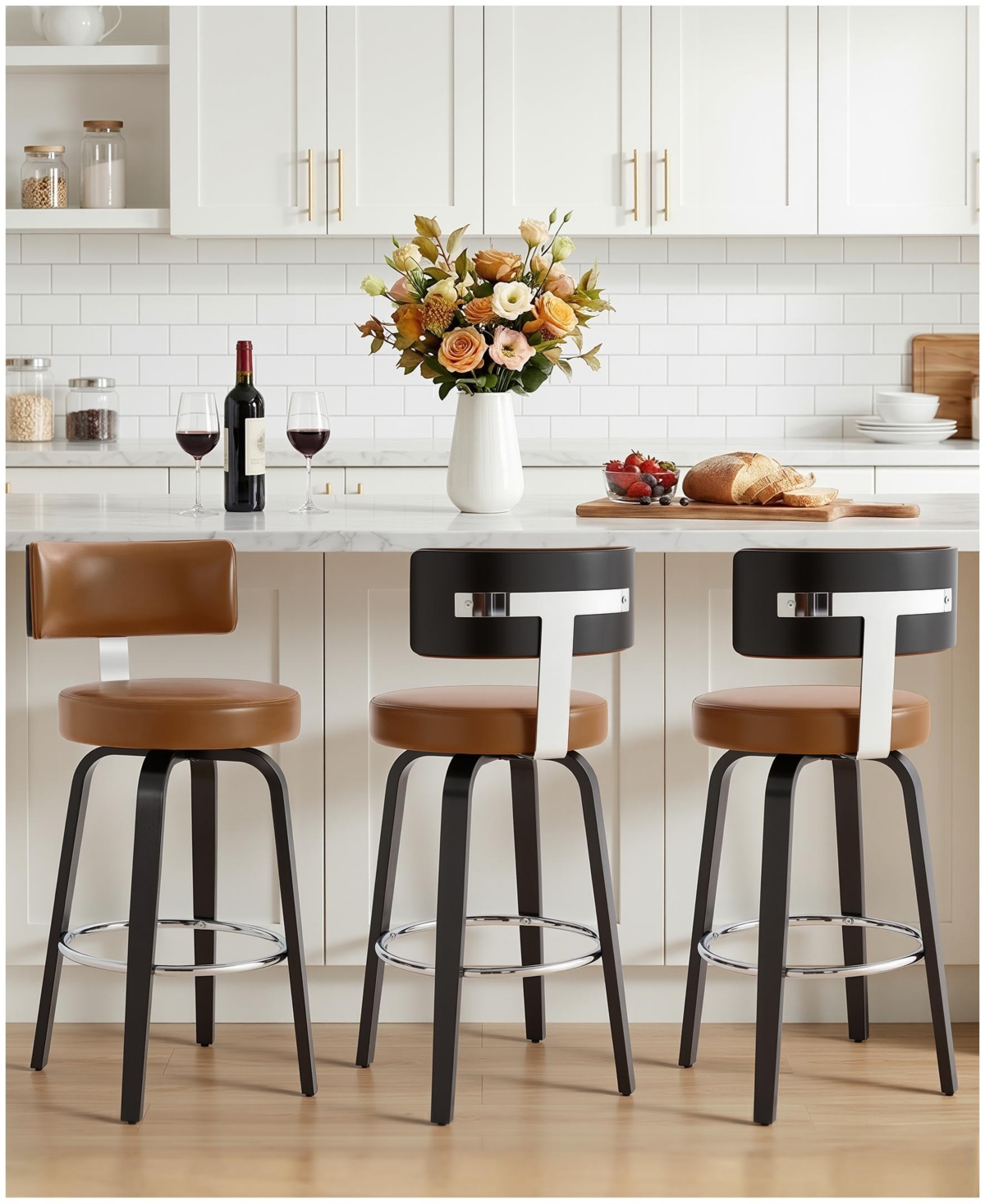 Bekrvio 29" Mid-Century Swivel Bar Height Bar Stools, Faux Leather Kitchen Stools - Brown