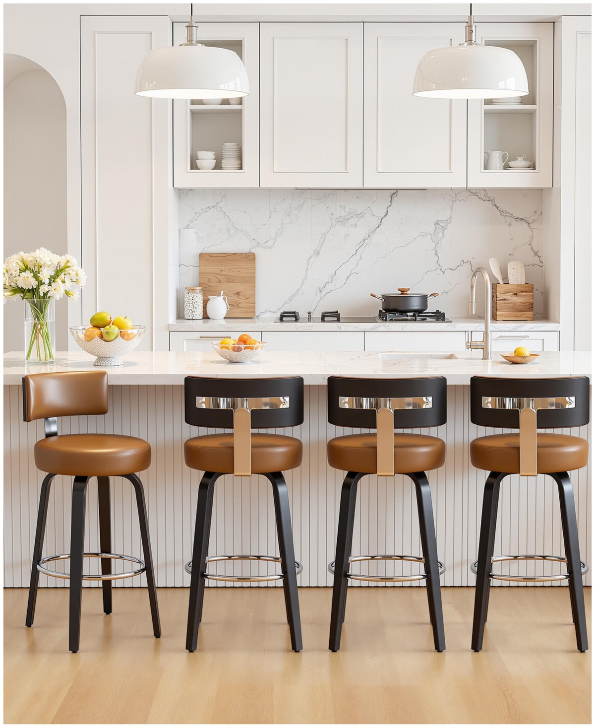 Bekrvio 29" Mid-Century Swivel Bar Height Bar Stools, Faux Leather Kitchen Stools - Brown
