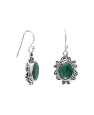 925 Sterling Silver Antiqued Green Beryl Boho Hook Dangle Earrings 29x14mm