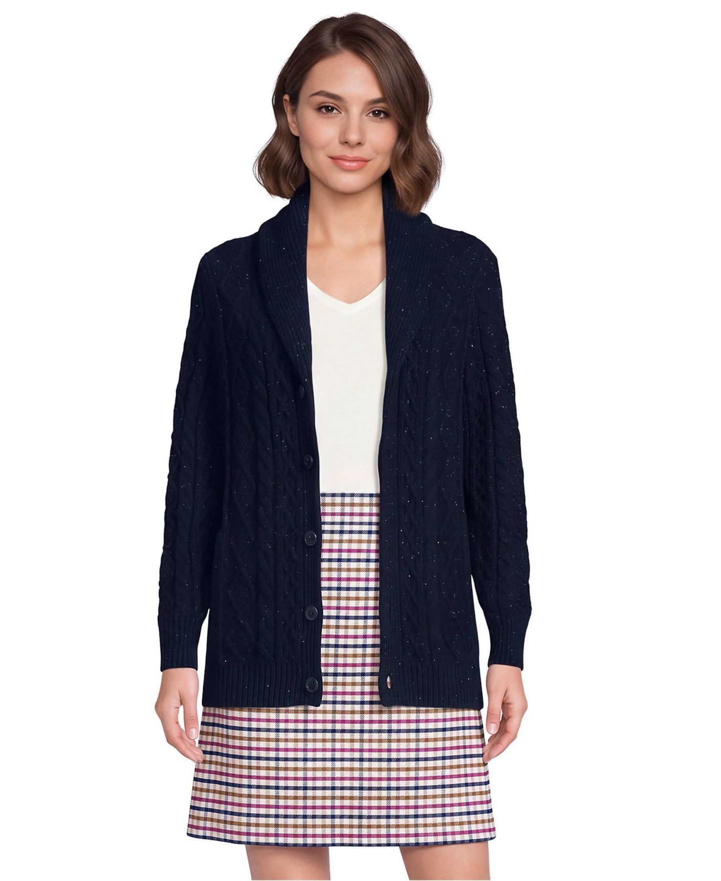Мужской кардиган Lands' End Cable-Knit Shawl-Collar Cotton/Wool-Blend, цвет: Тёмно-синий — фото 4