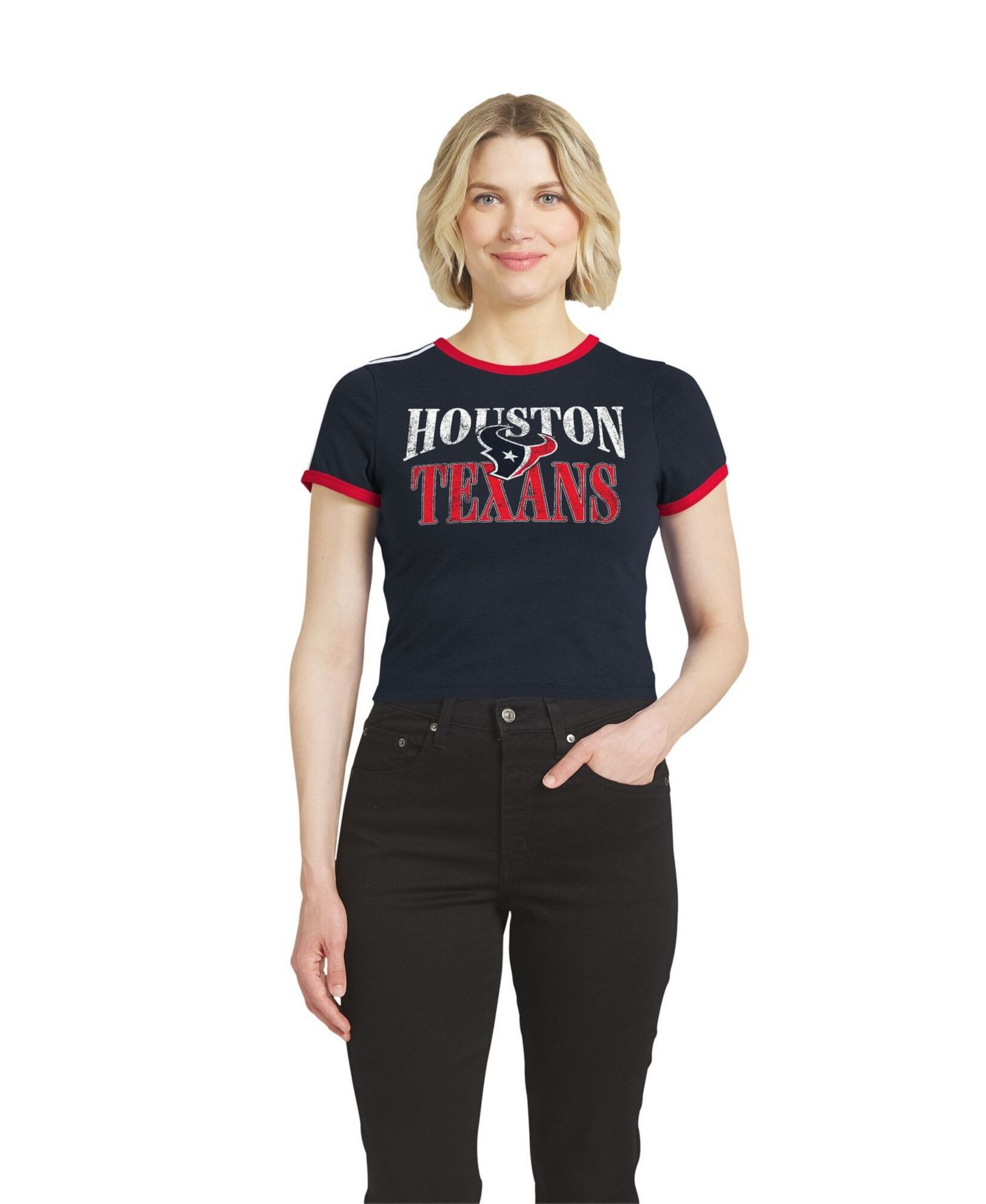 Женская футболка WEAR by Erin Andrews Navy Houston Texans Cropped Throwback Ringer Baby T-Shirt — фото 1
