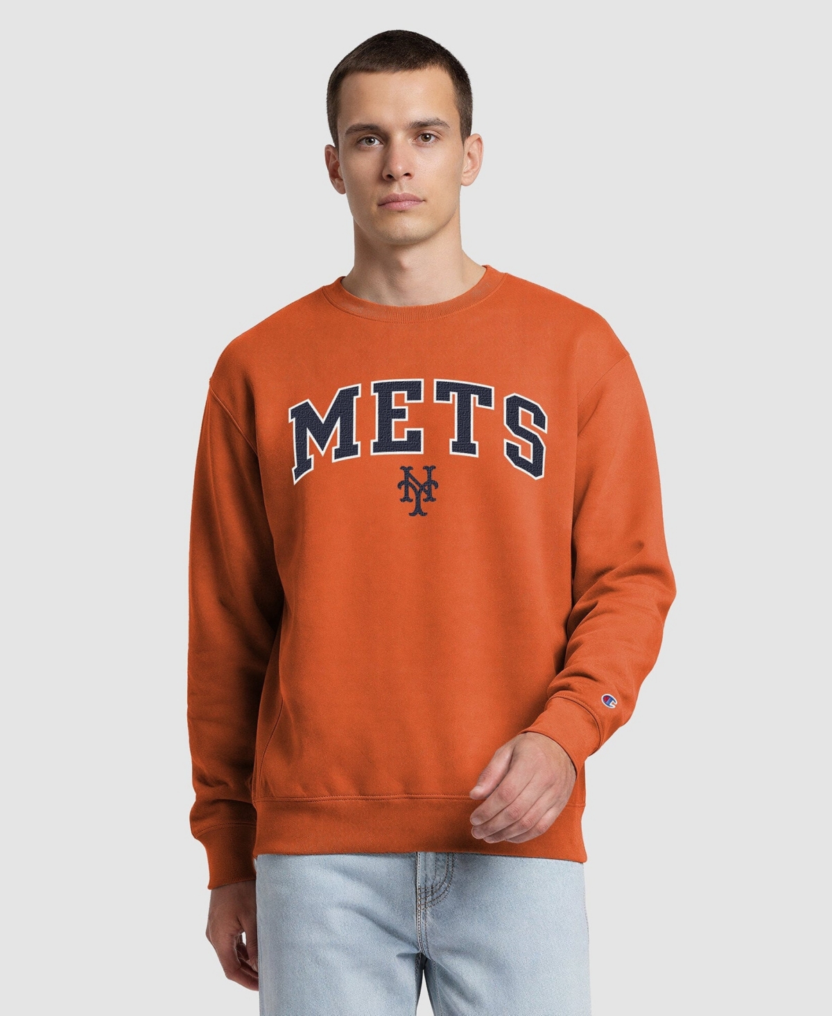 Champion Men's New York Mets Volume Fleece Crewneck Sweatshirt - Orange, Navy