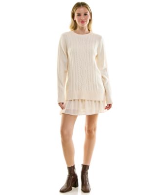 Juniors' Cable-Knit Long-Sleeve Crewneck Sweater Dress