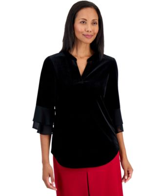 Women's 3/4-Flutter Split-Neck Velvet Blouse