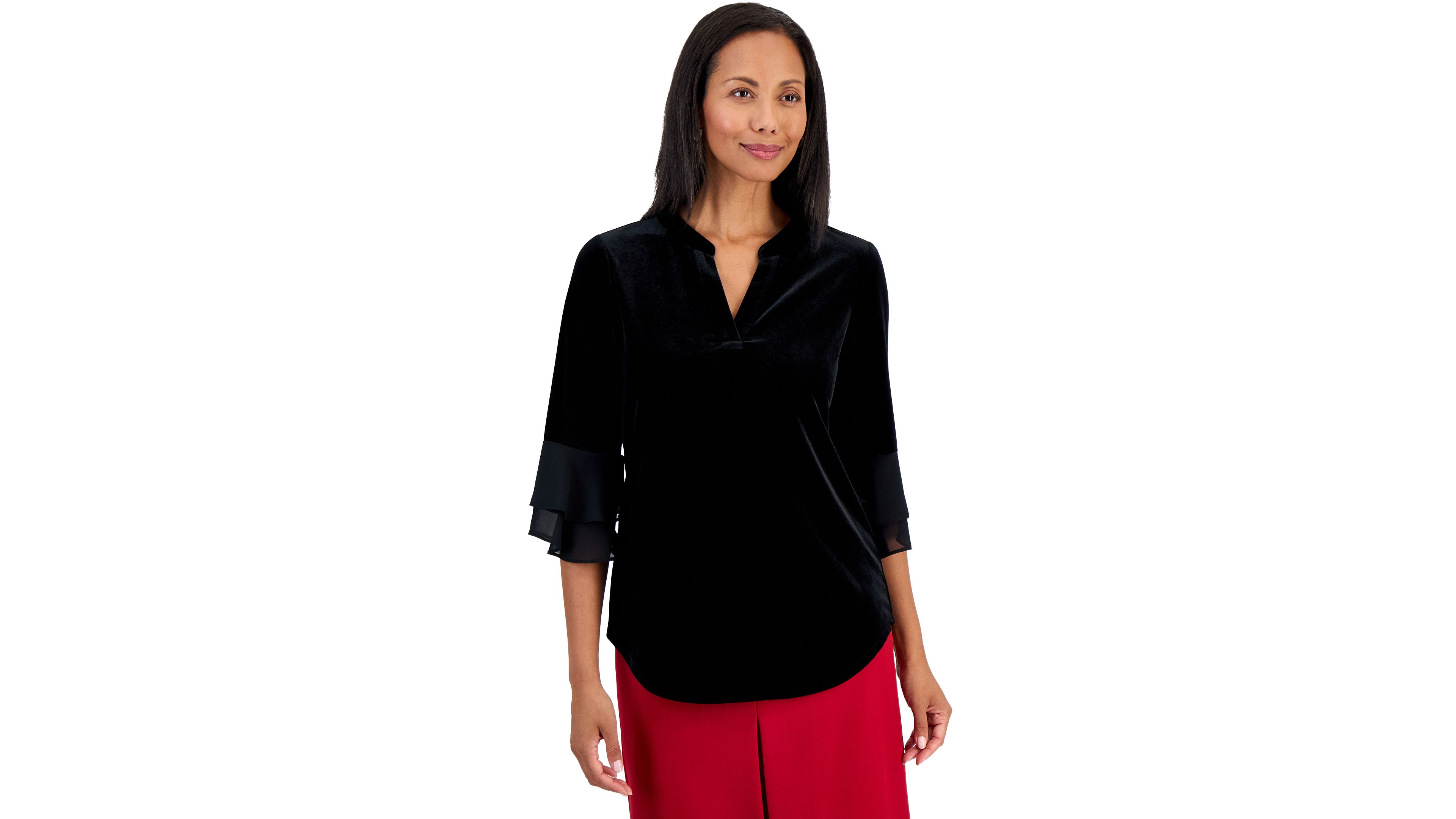 Kasper Womens 3 4 Flutter Split Neck Velvet Blouse