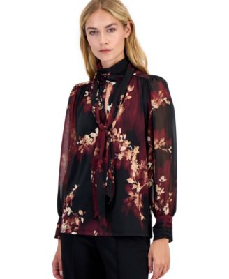 Petite Long-Sleeve Mixed-Media V-Neck Blouse