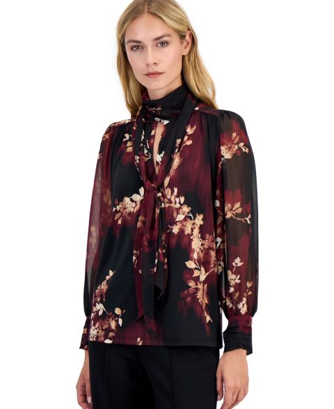 Женская блузка Anne Klein Long-Sleeve Floral Bow Blouse, цвет: Чёрный разноцветный