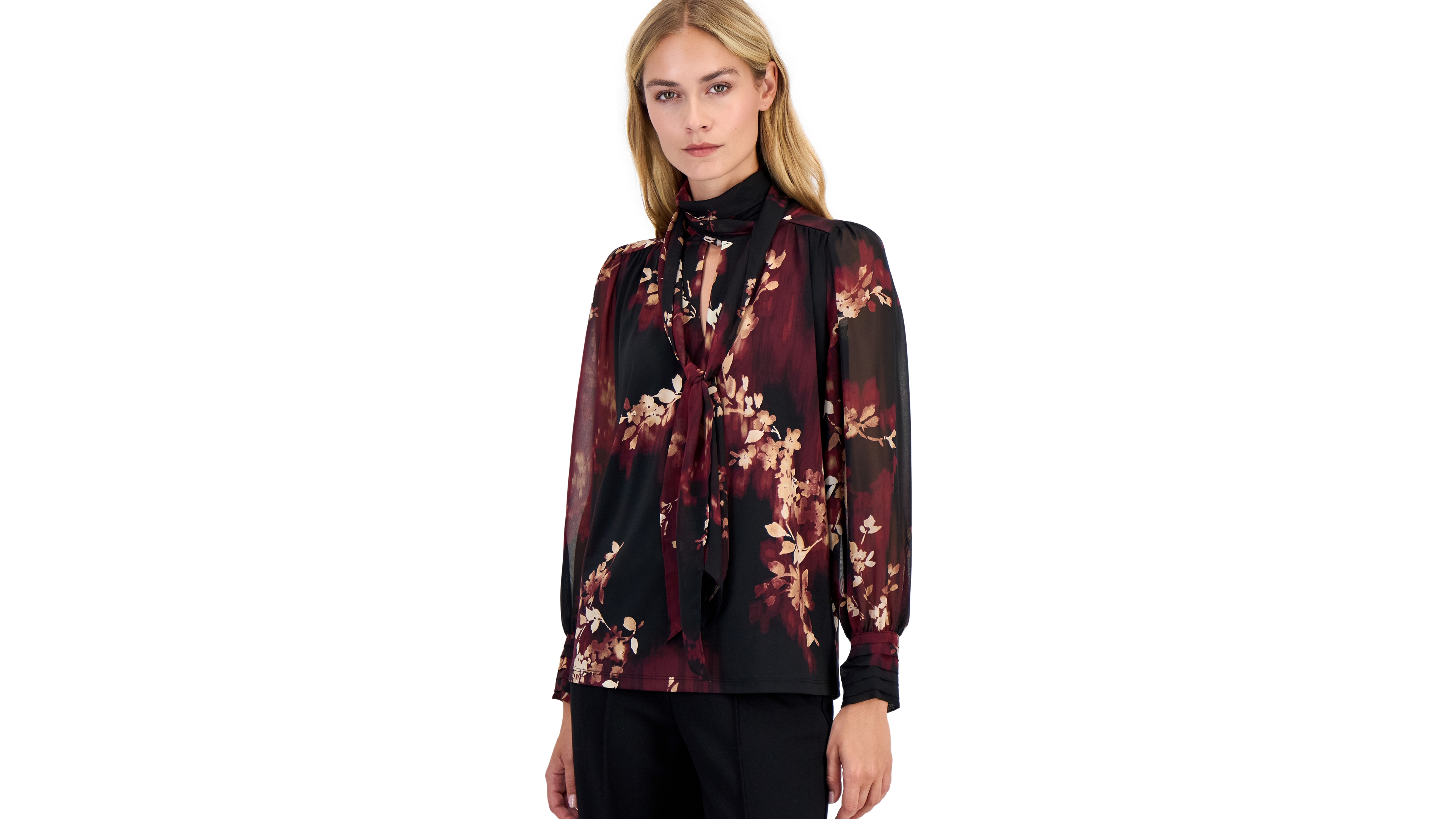 Anne Klein Women's Long-Sleeve Floral Bow Blouse