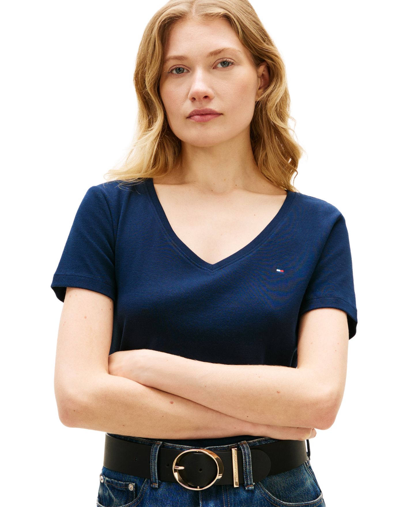 Женская футболка Tommy Hilfiger Rib Slim V-Neck Short-Sleeve T-Shirt, цвет: Чёрный — фото 10