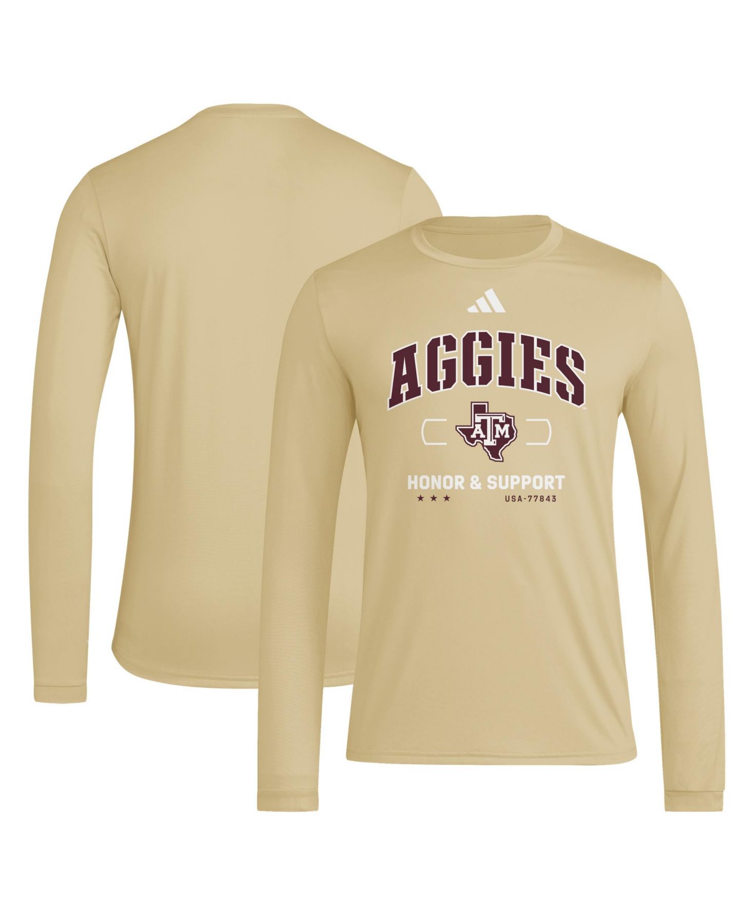 Мужская футболка adidas Beige Texas A&M Aggies Honor & Support Pregame Long Sleeve — фото 1