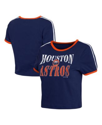 Women's  Navy Houston Astros Cropped Throwback Ringer Baby T-Shirt