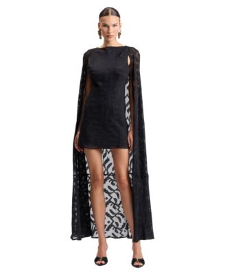 Women's Jacquard Long Cape Boat Neck Mini Dress