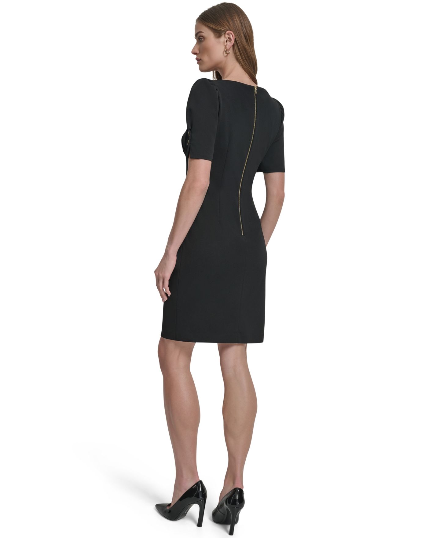 Женское платье DKNY Puff-Sleeve Ruched Boat-Neck, цвет: Чёрный — фото 5