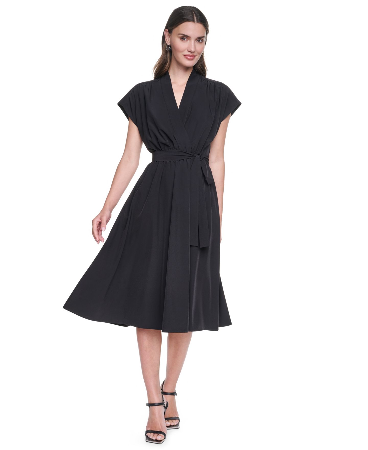 Женское платье DKNY Cap Sleeve Wrap Midi, цвет: Чёрный — фото 1