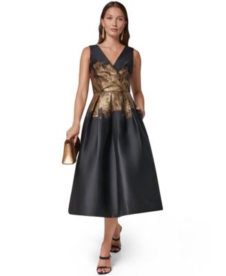 Women's Metallic Brushstroke Jacquard V-Neck Fit & Flare Dress