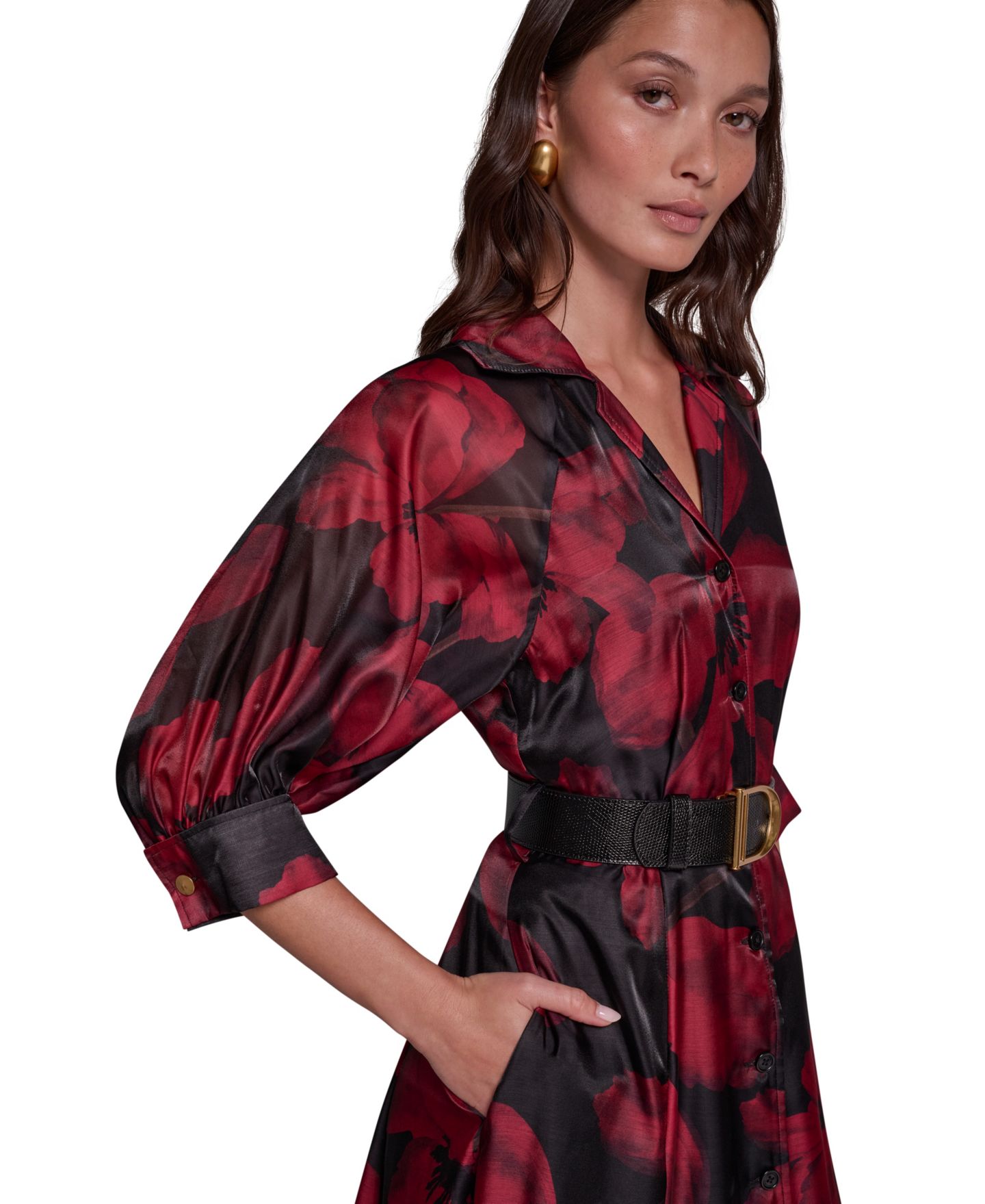 Женское платье Donna Karan New York Floral-Print 3/4-Sleeve Midi Shirtdress, цвет: Чёрный / Красный бархатный разноцветный — фото 3
